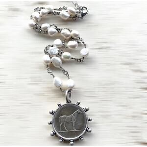 Freshwater Pearl Horse Coin Necklace, Equestrian Jewelry, Antique Silver